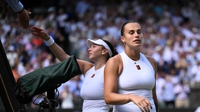Aryna Sabalenka reacts after her loss to Amanda Anisimova at Wimbledon in the semifinal. (AFP) Aryna Sabalenka reacts after her loss to Amanda Anisimova at Wimbledon in the semifinal. (AFP)