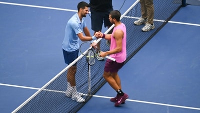 This was Carlos Alcaraz's first win against Novak Djokovic on hard court in four meetings. He also improved his overall head-to-head record to 4-5 against the Serb. (AFP) This was Carlos Alcaraz's first win against Novak Djokovic on hard court in four meetings. He also improved his overall head-to-head record to 4-5 against the Serb. (AFP)