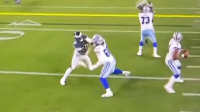 Dallas Cowboys' lineman, Tyler Guyton was in the middle of his block when the defensive player quickly got past him. (@NFL_DovKleiman) Dallas Cowboys' lineman, Tyler Guyton was in the middle of his block when the defensive player quickly got past him. (@NFL_DovKleiman)