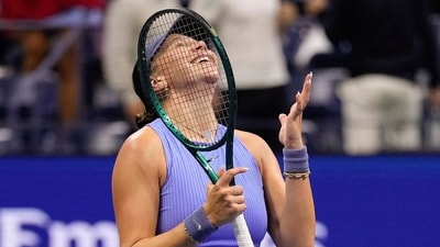 Amanda Anisimova, of the United States, reacts after defeating Naomi Osaka, of Japan, during the women's singles semifinals of the U.S. Open tennis championships, Friday, Sept. 5, 2025, in New York. (AP) Amanda Anisimova, of the United States, reacts after defeating Naomi Osaka, of Japan, during the women's singles semifinals of the U.S. Open tennis championships, Friday, Sept. 5, 2025, in New York. (AP)