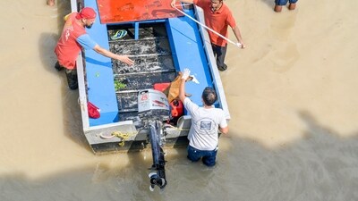 Volunteers from an animal welfare NGO rescue dogs and puppies from a flooded street near the Yamuna banks at Mayur Vihar in New Delhi (Raj K Raj / Hindustan Times) Volunteers from an animal welfare NGO rescue dogs and puppies from a flooded street near the Yamuna banks at Mayur Vihar in New Delhi (Raj K Raj / Hindustan Times)