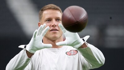 Christian McCaffrey f the San Francisco 49ers warms up prior to the NFL Preseason 2025 game against the Las Vegas Raiders. (Getty Images via AFP)