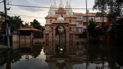 A view of an area submerged outside Shri Swaminarayan Temple, in New Delhi (ANI) A view of an area submerged outside Shri Swaminarayan Temple, in New Delhi (ANI)