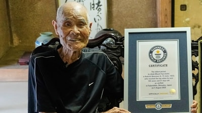 Kokichi Akuzawa, recently recognised by Guinness World Records as the oldest person to climb Mount Fuji (male). (AP)