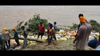 villagers work to strengthen embankments in Jalandhar. (HT) villagers work to strengthen embankments in Jalandhar. (HT)