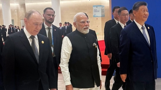 Prime Minister Narendra Modi, Chinese President Xi Jinping, and Russian President Vladimir Putin at the venue of the Shanghai Cooperation Council (SCO) Summit, in Tianjin on Monday. (ANI Photo) (ANI X)