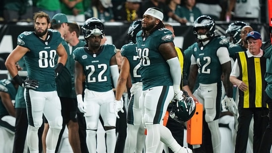 Philadelphia Eagles defensive tackle Jalen Carter (98) walks off the field after being disqualified for unsportsman like conduct before an NFL football game against the Dallas Cowboys Thursday, Sept. 4, 2025, in Philadelphia. (AP)