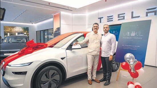 Mumbai, India - September 05, 2025: Maharashtra Transport Minister Pratap Sarnaik received the first delivery of Model Y from the showroom located Bandra Kurla Complex in Mumbai, India, on Friday, September 05, 2025. (Photo by Satish Bate/ Hindustan Times) (Hindustan Times)