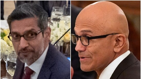 Satya Nadella (R) and Sundar Pichai were among the five Indian-origin CEOs at Trump's dinner.