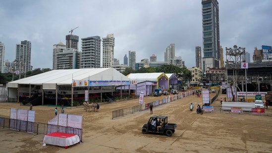 Police personnel keep vigil amid preparations for crowd control before the immersion of Lord Ganesh idols as the Ganesh Chaturthi festival concludes, at Girgaon Chowpatty, in Mumbai (PTI)