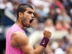 Carlos Alcaraz during his semifinal match vs Novak Djokovic. Carlos Alcaraz during his semifinal match vs Novak Djokovic.