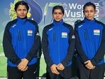 India’s Aparna, Kareena Kaushik and Shivani who reached the final of their weight division at the World Wushu Championships in Brasilia, Brazil. (HT Photo)