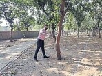 New Delhi, India - Feb. 17, 2021: Markings on a tree meant to be cut down for the construction of a drain at DDA Park Sector-8, in Dwarka, New Delhi, India, on Wednesday, February 17, 2021. (Photo by Sanjeev Verma/ Hindustan Times) **To go with Risha's story** (Sanjeev Verma/HT PHOTO) New Delhi, India - Feb. 17, 2021: Markings on a tree meant to be cut down for the construction of a drain at DDA Park Sector-8, in Dwarka, New Delhi, India, on Wednesday, February 17, 2021. (Photo by Sanjeev Verma/ Hindustan Times) **To go with Risha's story** (Sanjeev Verma/HT PHOTO)