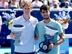 Jannik Sinner and Carlos Alcaraz following their last meeting at the Cincinnati Masters. Jannik Sinner and Carlos Alcaraz following their last meeting at the Cincinnati Masters.