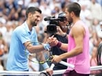 Novak Djokovic reacts after a tough straight-set loss to Carlos Alcaraz.