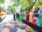 UP chief minister Yogi Adityanath flagging off new BS-VI standard buses in Lucknow on September 6. (Agency) UP chief minister Yogi Adityanath flagging off new BS-VI standard buses in Lucknow on September 6. (Agency)