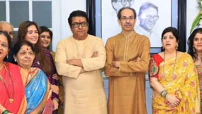 Uddhav Thackeray visited his cousin, Maharashtra Navnirman Sena chief Raj Thackeray, at his residence for Ganesh Chaturthi. (Aaditya Thackeray/ X) Uddhav Thackeray visited his cousin, Maharashtra Navnirman Sena chief Raj Thackeray, at his residence for Ganesh Chaturthi. (Aaditya Thackeray/ X)