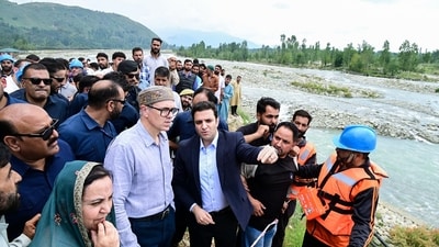 Jammu and Kashmir Chief Minister Omar Abdullah visits flood-affected areas, in Anantnag on Saturday. (ANI)