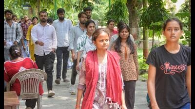 Candidates coming out of an exam centre in Lucknow on September 6. (HT photo)