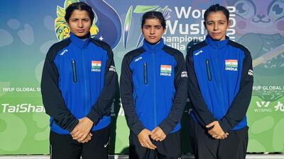 India’s Aparna, Kareena Kaushik and Shivani who reached the final of their weight division at the World Wushu Championships in Brasilia, Brazil. (HT Photo) India’s Aparna, Kareena Kaushik and Shivani who reached the final of their weight division at the World Wushu Championships in Brasilia, Brazil. (HT Photo)