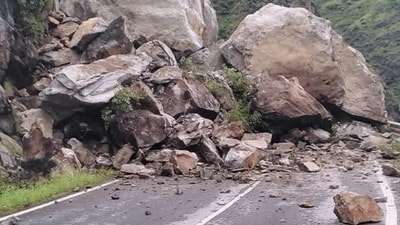 Massive landslide in Himachal Pradesh’s Sirmaur district near Chaukar village, with a 200-metre section of the hill collapsing. (HT File) Massive landslide in Himachal Pradesh’s Sirmaur district near Chaukar village, with a 200-metre section of the hill collapsing. (HT File)