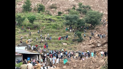 People trek across the landslide-hit Thard area to reach their destinations due to the closure of the Jammu Srinagar National Highway following landslides, in Udhampur on Saturday. (ANI) People trek across the landslide-hit Thard area to reach their destinations due to the closure of the Jammu Srinagar National Highway following landslides, in Udhampur on Saturday. (ANI)