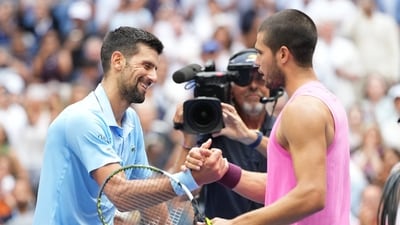 Novak Djokovic reacts after a tough straight-set loss to Carlos Alcaraz. (IMAGN IMAGES via Reuters Connect)
