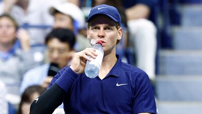 Jannik Sinner during a break in play in his US Open semifinal. (AFP) Jannik Sinner during a break in play in his US Open semifinal. (AFP)