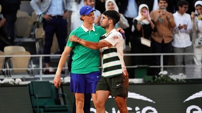 Spain's Carlos Alcaraz, right, and Italy's Jannik Sinner hug after the final match of the French Tennis Open at the Roland-Garros stadium in Paris, (AP) Spain's Carlos Alcaraz, right, and Italy's Jannik Sinner hug after the final match of the French Tennis Open at the Roland-Garros stadium in Paris, (AP)