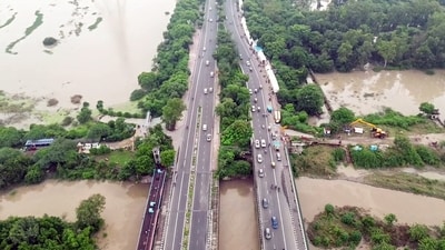 New Delhi, Sep 06 (ANI): An aerial view of Yamuna Ghat area as the river Yamuna swells and overflows following continuous heavy rainfall, in New Delhi on Saturday. (ANI Video Grab) (ANI Video Grab) New Delhi, Sep 06 (ANI): An aerial view of Yamuna Ghat area as the river Yamuna swells and overflows following continuous heavy rainfall, in New Delhi on Saturday. (ANI Video Grab) (ANI Video Grab)