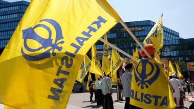 Members of the Sikh community hold flags as they protest Prime Minister of India Shri Narendra Modi in front of Calgary City Hall on June 16, 2025 in Calgary, Alberta. (Representative image/AFP) Members of the Sikh community hold flags as they protest Prime Minister of India Shri Narendra Modi in front of Calgary City Hall on June 16, 2025 in Calgary, Alberta. (Representative image/AFP)