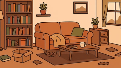 The picture is of a standard living room setup with a sofa, a bookshelf, a few plants, and a coffee table. The picture is of a standard living room setup with a sofa, a bookshelf, a few plants, and a coffee table.
