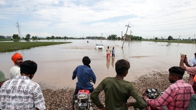 People try to cross a flooded area near village Gago Mahal at the border area of Ajnala, on Friday. (ANI) People try to cross a flooded area near village Gago Mahal at the border area of Ajnala, on Friday. (ANI)
