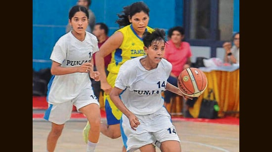 Players in action during the 75th National Junior Basketball Championship at Guru Nanak Stadium in Ludhiana on Saturday. (Manish/HT)