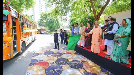 UP chief minister Yogi Adityanath flagging off new BS-VI standard buses in Lucknow on September 6. (Agency)