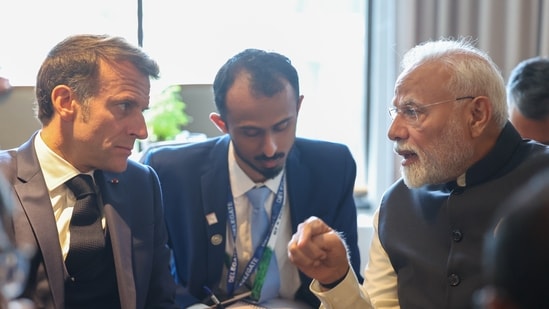 Prime Minister Narendra Modi and French President Emmanuel Macron on the sidelines of the G7 Summit at Kananaskis, in Alberta, Canada. (PMO)