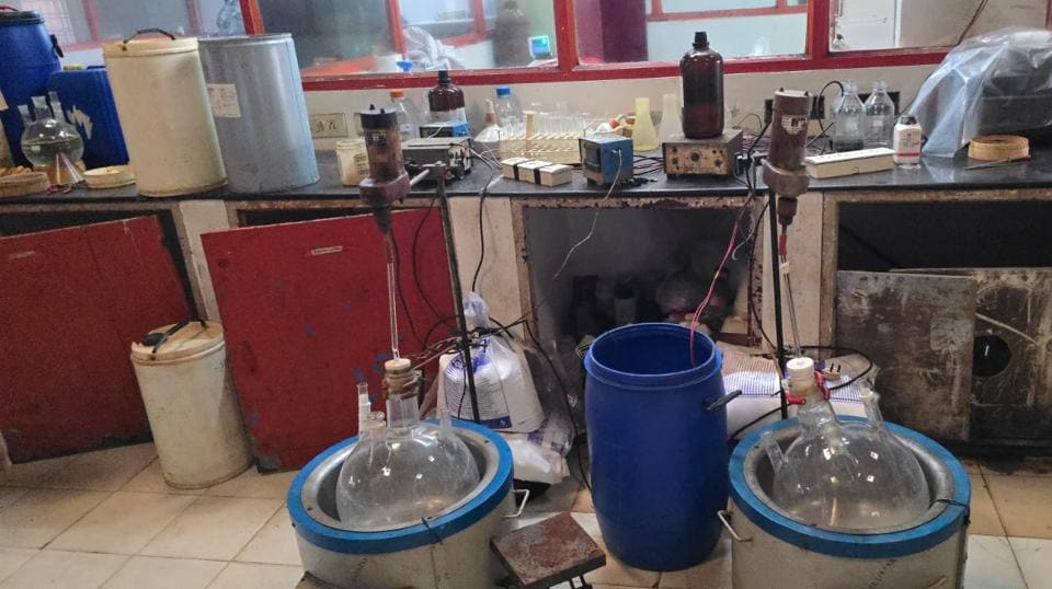 During the raid, 5 kg 790 grams of MD and 35,500 litres of chemicals were found in possession of Voleti and Patwari. (HT Photo/Azim Tamboli) During the raid, 5 kg 790 grams of MD and 35,500 litres of chemicals were found in possession of Voleti and Patwari. (HT Photo/Azim Tamboli)