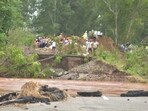 A road caved in due to the surging Ravi river at Ghonewal village in Ramdas, Amritsar, on Saturday. (Sameer Sehgal/HT) A road caved in due to the surging Ravi river at Ghonewal village in Ramdas, Amritsar, on Saturday. (Sameer Sehgal/HT)