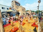 Famous Maa Ganga Aarti held at Dashashwamedh Ghat during the day due to lunar eclipse, in Varanasi on Sunday. (ANI) Famous Maa Ganga Aarti held at Dashashwamedh Ghat during the day due to lunar eclipse, in Varanasi on Sunday. (ANI)