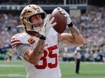 San Francisco 49ers tight end George Kittle (85) celebrates after scoring a touchdown against the Seattle Seahawks San Francisco 49ers tight end George Kittle (85) celebrates after scoring a touchdown against the Seattle Seahawks