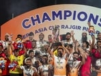 India skipper Harmanpreet Singh lifts the trophy as he celebrates with teammates after beating South Korea 4-1 in the Asia Cup final at Rajgir on Sunday. (PTI)