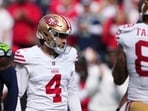 San Francisco 49ers place-kicker Jake Moody (4) reacts after making a field goal vs Seahawks San Francisco 49ers place-kicker Jake Moody (4) reacts after making a field goal vs Seahawks