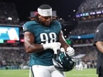 Philadelphia Eagles defensive tackle Jalen Carter (98) walks off the field after being ejected 