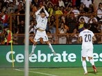 Cristiano Ronaldo with his signature celebration after scoring for Portugal.