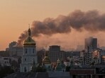 Smoke rises over a building of the Ukrainian government headquarters, after Russian drone and missile strikes, amid Russia’s attack on Ukraine.