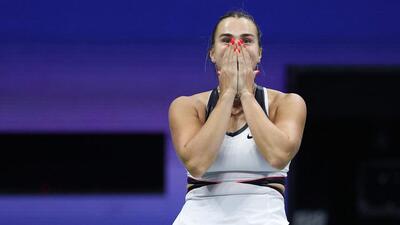 Aryna Sabalenka reacts after winning against Amanda Anisimova of the United States during their women's singles final of the US Open on Saturday. (AFP) Aryna Sabalenka reacts after winning against Amanda Anisimova of the United States during their women's singles final of the US Open on Saturday. (AFP)