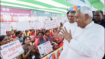 Bihar chief minister Nitish Kumar interacts with women during Pragti Yatra, in Saran on Saturday. (ANI) Bihar chief minister Nitish Kumar interacts with women during Pragti Yatra, in Saran on Saturday. (ANI)
