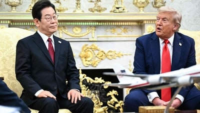 US President Donald Trump speaks during a bilateral meeting with South Korean President Lee Jae Myung in the Oval Office of the White House in Washington, DC, on August 25, 2025. (File Photo/AFP) US President Donald Trump speaks during a bilateral meeting with South Korean President Lee Jae Myung in the Oval Office of the White House in Washington, DC, on August 25, 2025. (File Photo/AFP)