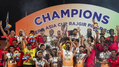 India skipper Harmanpreet Singh lifts the trophy as he celebrates with teammates after beating South Korea 4-1 in the Asia Cup final at Rajgir on Sunday. (PTI) India skipper Harmanpreet Singh lifts the trophy as he celebrates with teammates after beating South Korea 4-1 in the Asia Cup final at Rajgir on Sunday. (PTI)