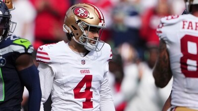 San Francisco 49ers place-kicker Jake Moody (4) reacts after making a field goal vs Seahawks (AP) San Francisco 49ers place-kicker Jake Moody (4) reacts after making a field goal vs Seahawks (AP)